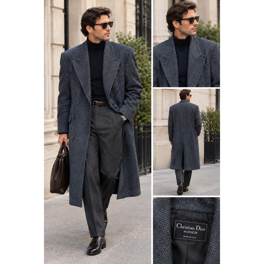 Christian Dior Overcoat Mens 46 XL Grey Herringbone Wool Double Breasted Vtg